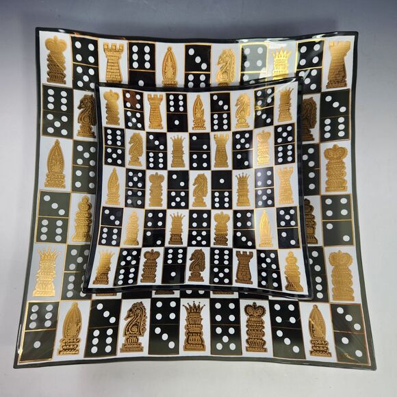 Rare Cera Glass Square Trays Set 2 24K Gold Games Chess Dominoes Smoky1950s MCM - Picture 2 of 9